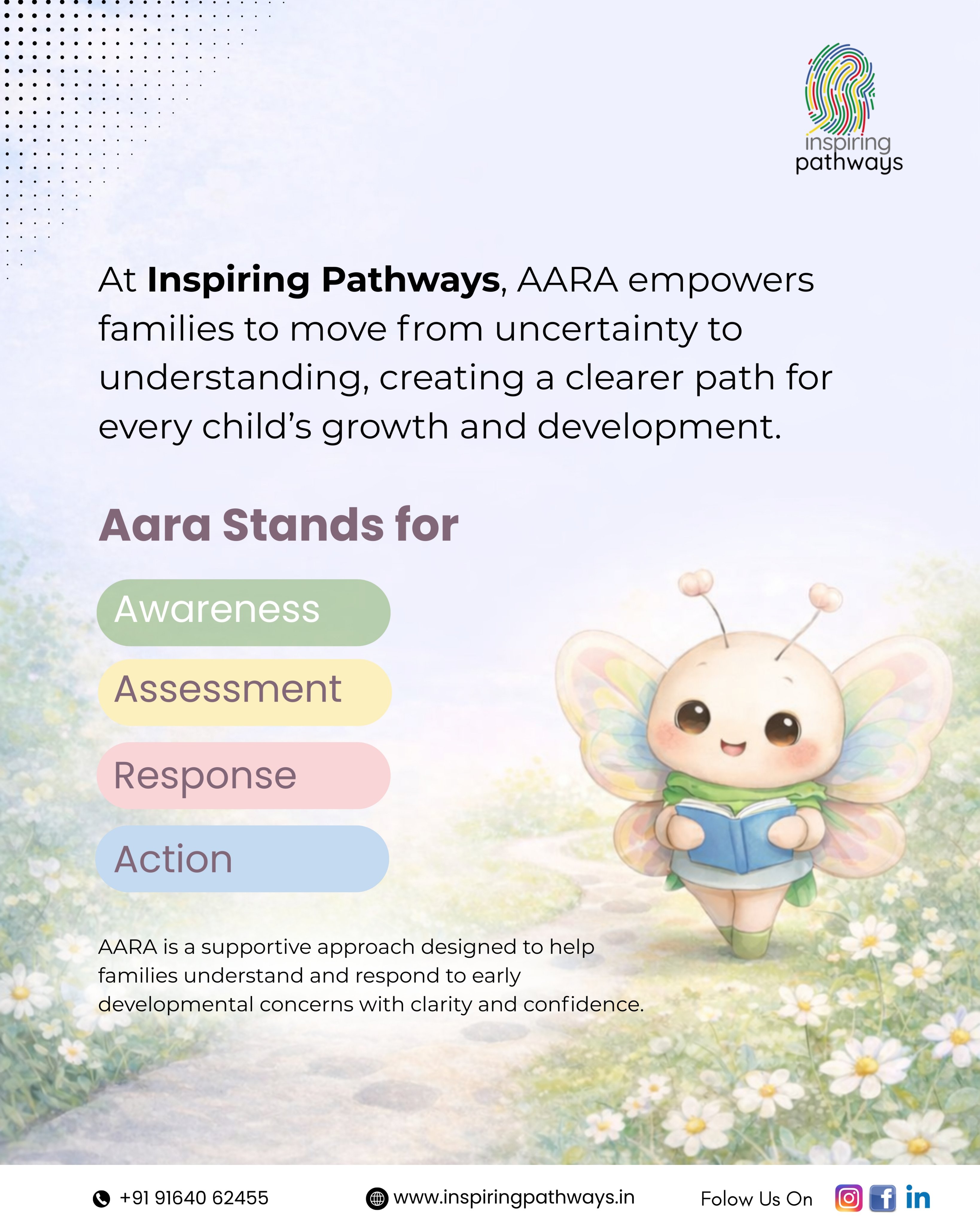 Poster by Inspiring Pathways explaining the AARA approach, which stands for Awareness, Assessment, Response, and Action. It highlights how the organization supports families in understanding their child’s development and moving from uncertainty to clarity. The design features soft pastel tones with a cute character illustration and clean, informative layout.