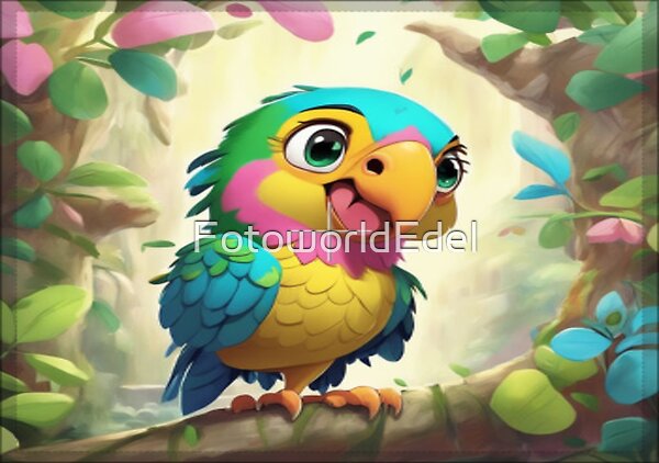 Ein kleiner, bunter Vogel namens Twiggy sits on a branch im warmen Morning Light. Around him soft Blätterrauschen, gentle Colors und eine joyful, lebendige Stimmung.