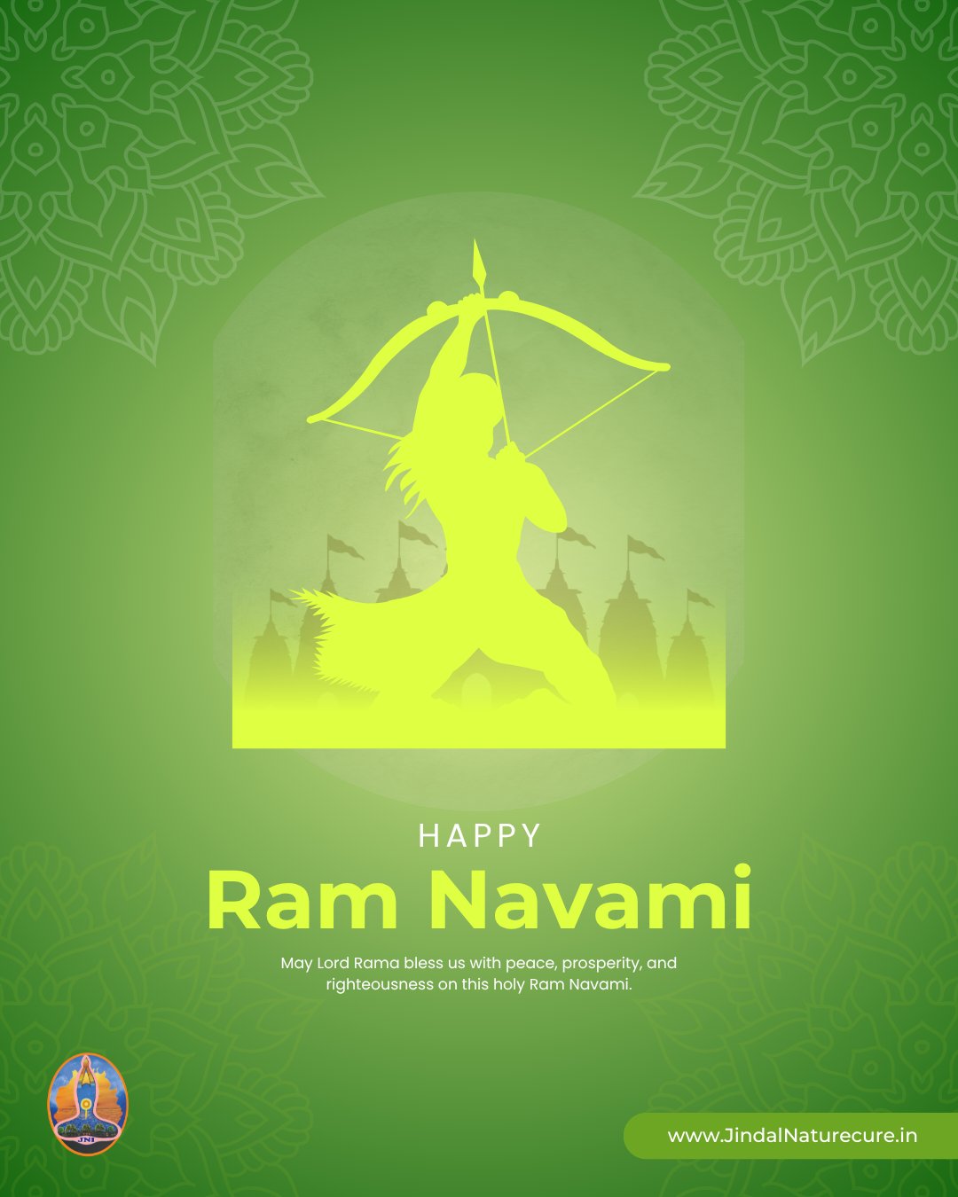 Green-themed Ram Navami greeting featuring a silhouette of Lord Rama with a bow, decorative patterns, and a festive message wishing peace, prosperity, and righteousness.