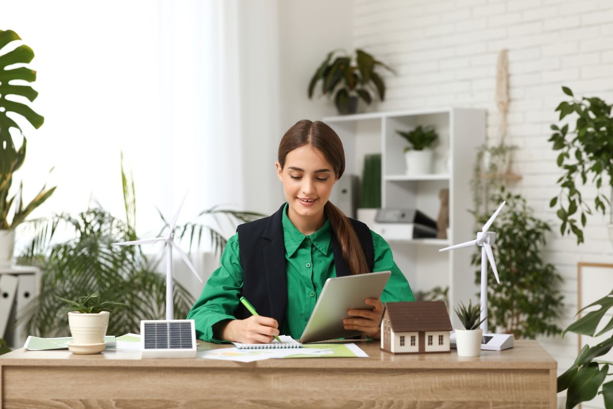 Woman sat working at a desk. On the desk are models of wind turbines, solar panels and a house.
