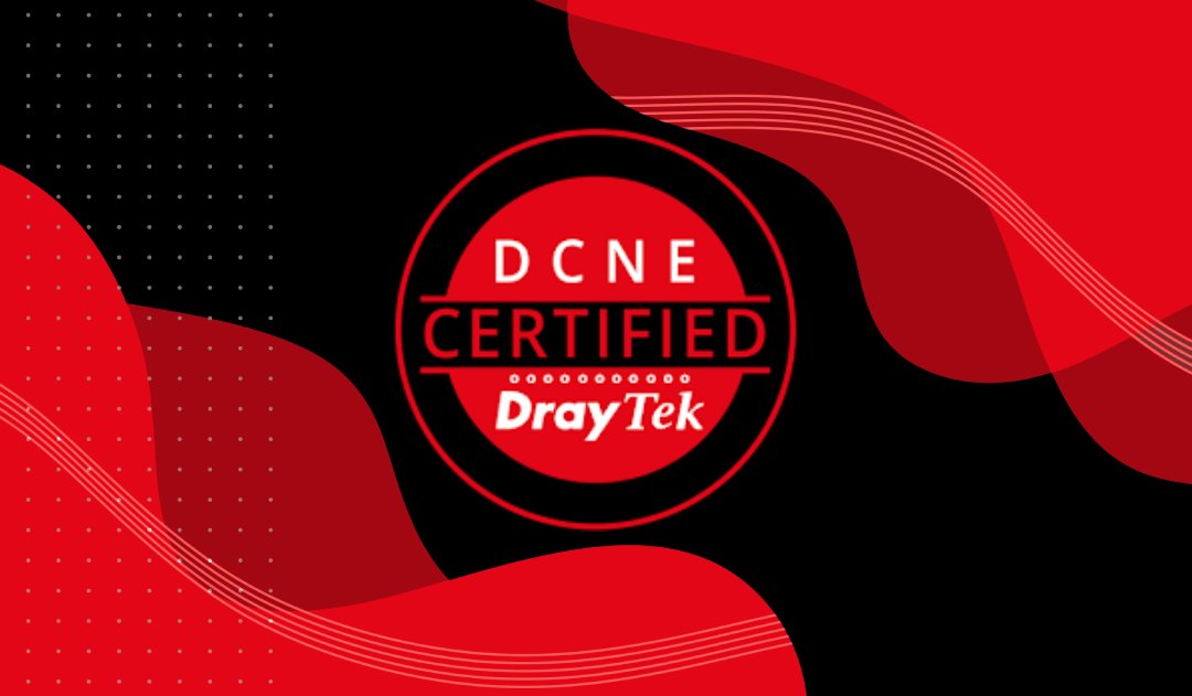 DrayTek DCNE Certified logo on a red and black abstract background.