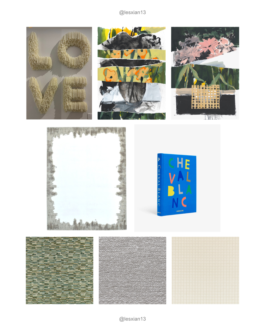A digital mood board for an interior design project. Features include a 'LOVE' textured wall sculpture, abstract mixed-media paintings, a blue 'Cheval Blanc' coffee table book, and swatches of green bouclé fabric, grey woven textiles, and cream grid patterns.