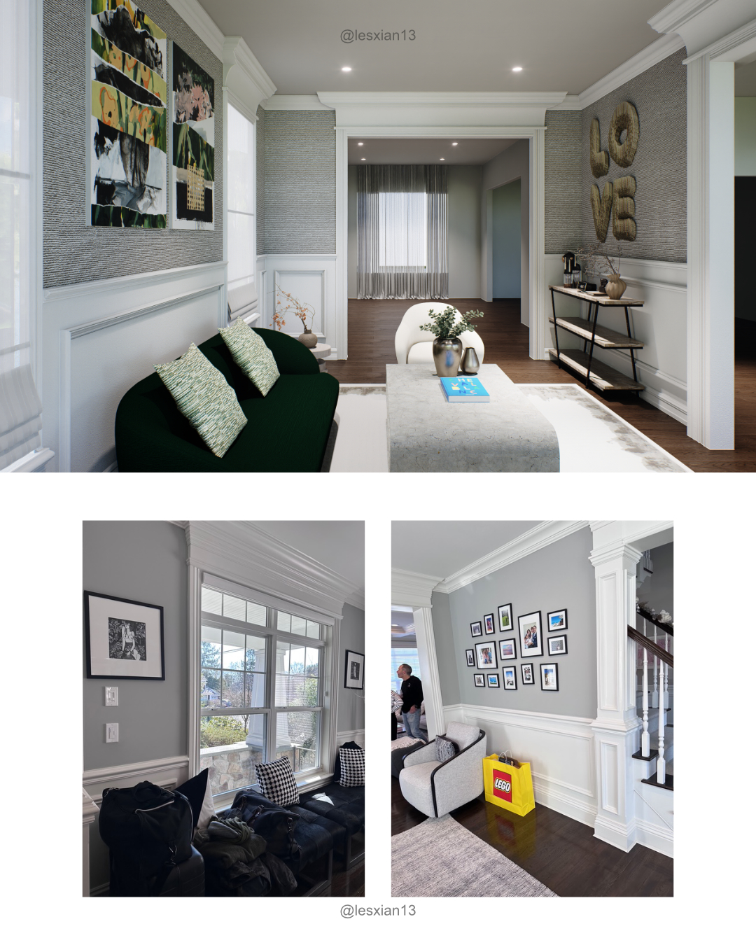 A side-by-side comparison of a traditional living room interior and its modern 3D visualization. The top image shows a high-end 3D render featuring a dark green curved sofa, textured wallpaper, and abstract floral art. The bottom images show the original site with grey walls, white wainscoting, and classic crown molding.