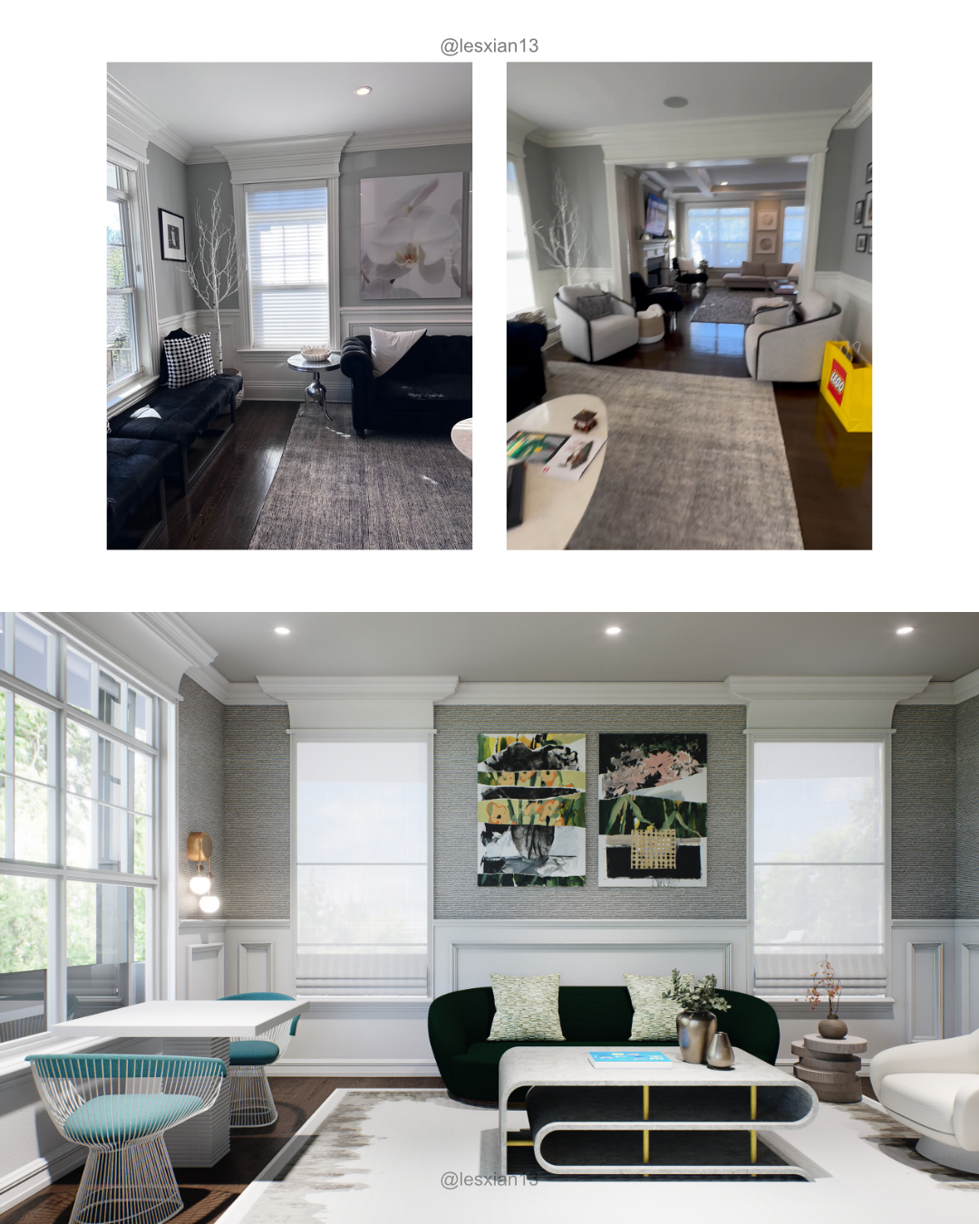 Interior design collage showing 'Before' photos of a classic living area with dark wood floors and 'After' 3D architectural visualization. The render introduces a contemporary aesthetic with a custom stone coffee table, teal accent chairs, and layered textures, maintaining the original architectural bones like the white paneled wainscoting.
