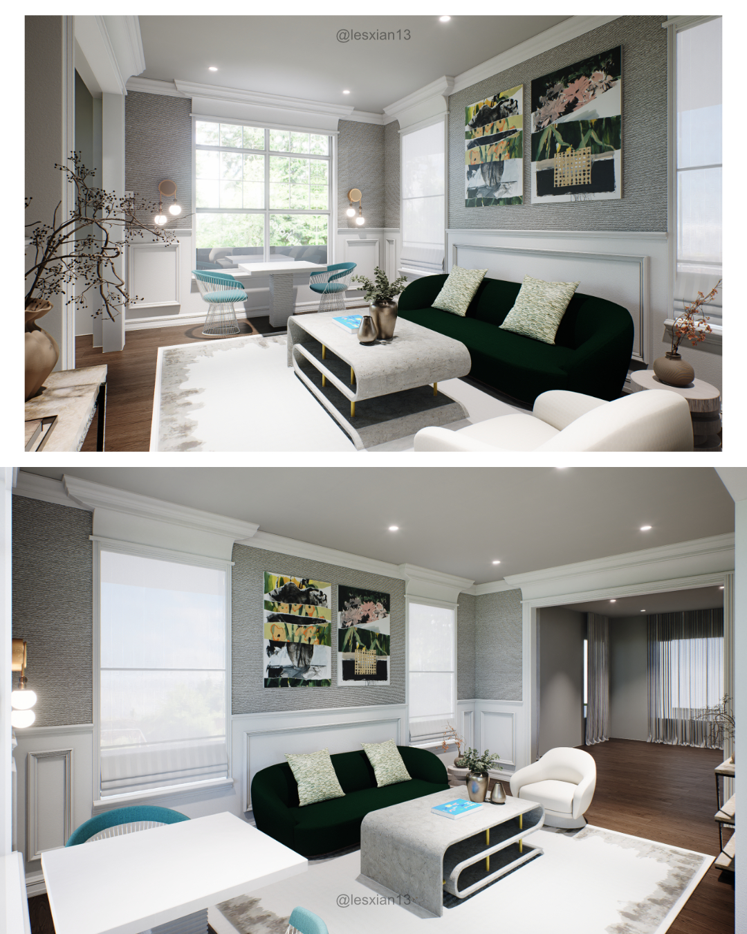 Multiple wide-angle 3D interior renders of a sunlit modern living and dining space. The design highlights a sophisticated mix of Scandi-industrial elements, featuring a deep emerald sofa, sculptural white armchairs, and floor-to-ceiling windows with soft Roman shades.