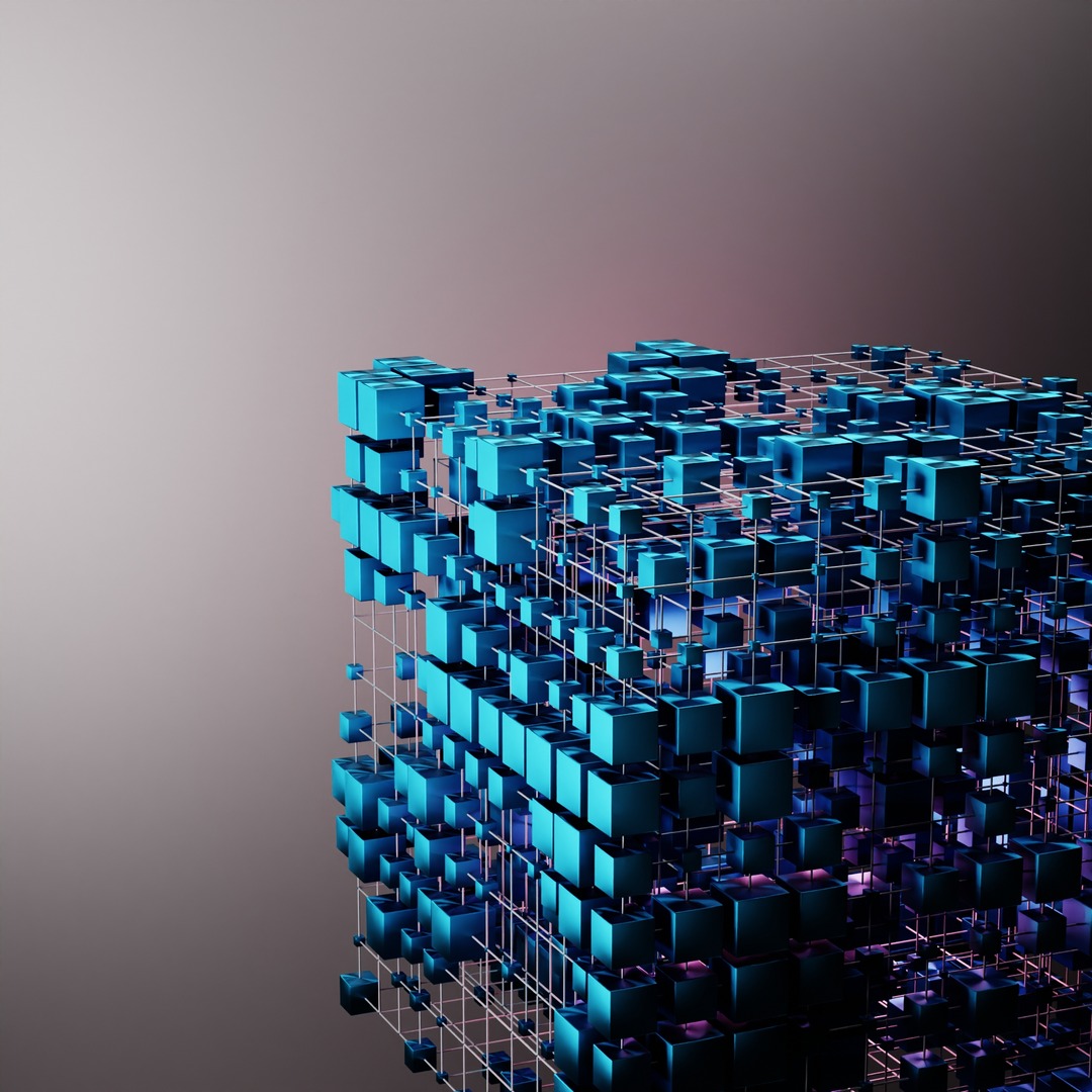 A cluster of three-dimensional geometric cubes in blue and purple tones, arranged in a transparent grid structure. The background features a subtle gradient from light to dark, enhancing the depth of the cube formation.
