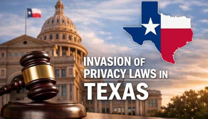 Invasion of Privacy Laws in Texas with Texas state outline and gavel in front of the Texas State Capitol.