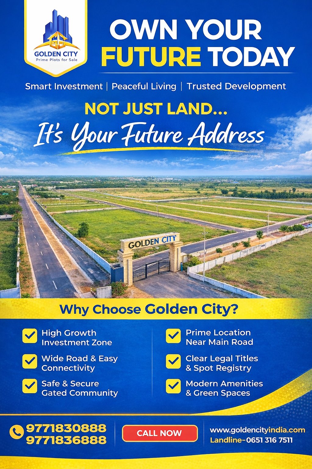 📷 प्रकृति के बीच अपना सपना घर बसाइए!
Golden City lekar aaya hai aapke liye ek शानदार मौका 📷
अब पाइए शांति, हरियाली और बेहतर लाइफस्टाइल एक ही जगह 📷
📷 आज ही बुक करें अपना प्लॉट
📷 बुकिंग शुरू सिर्फ ₹51,000 से
📷 Limited plots available — मौका हाथ से जाने न दें!
📷 Call Now:
📷 9771830888
📷 9771836888
📷 Visit: www.goldencityindia.com
Subscribe Now:- https://www.youtube.com/@GoldenCityIndia01