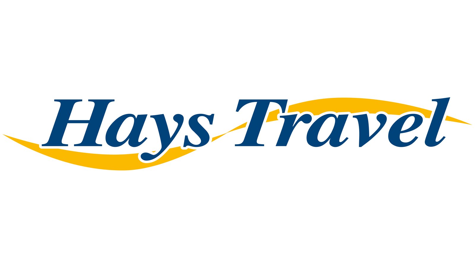 Hays Travel logo featuring blue serif text with a yellow swoosh underlining the name.