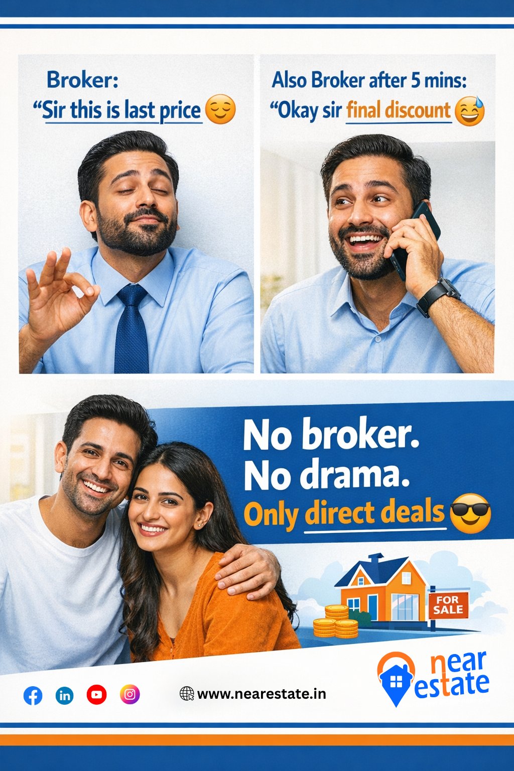 Broker vs Nearestate meme showing price negotiation confusion and direct real estate deals without brokers.