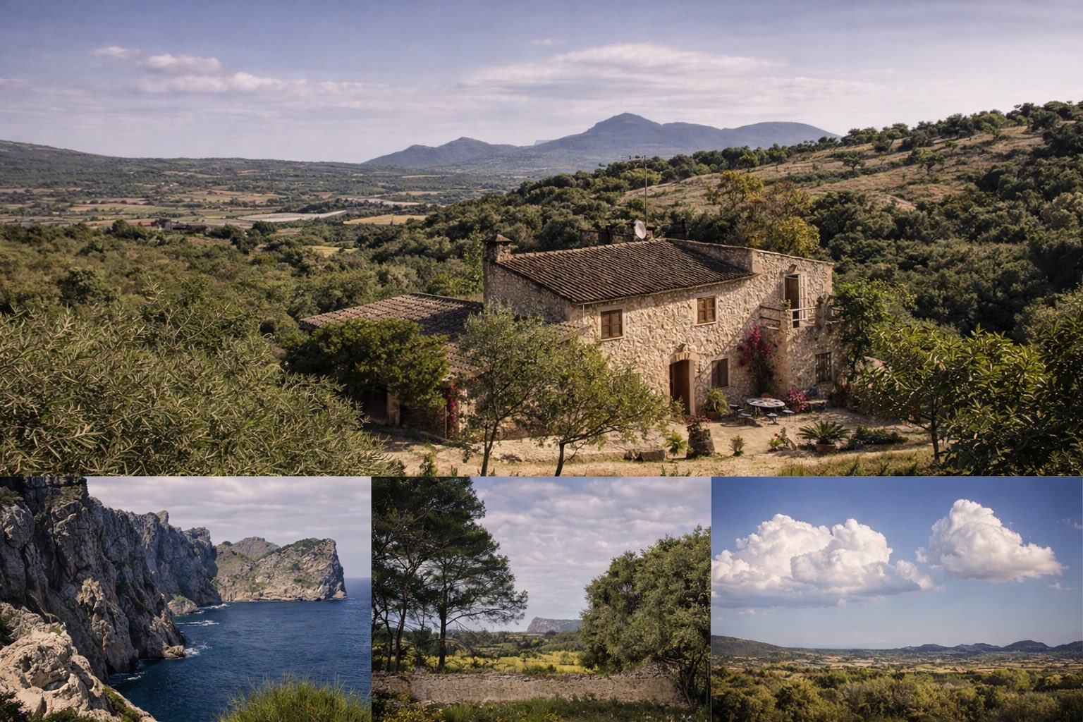 Mediterrane Landschaft mit weiter Aussicht, Meer in der Ferne, warmes Licht, ruhige Stimmung