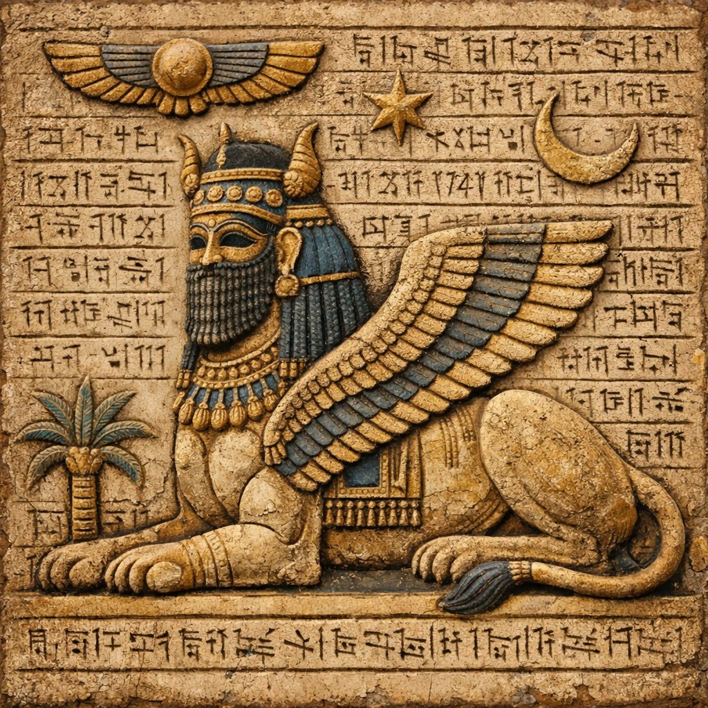 🦅 The Winged Guardian — Keeper of the Gate
A winged lion with a human face, surrounded by cuneiform inscriptions, the crescent moon and a star — a Lamassu carved in stone.
Between every line of script, a secret no living tongue can speak.
Made with ChatGPT.