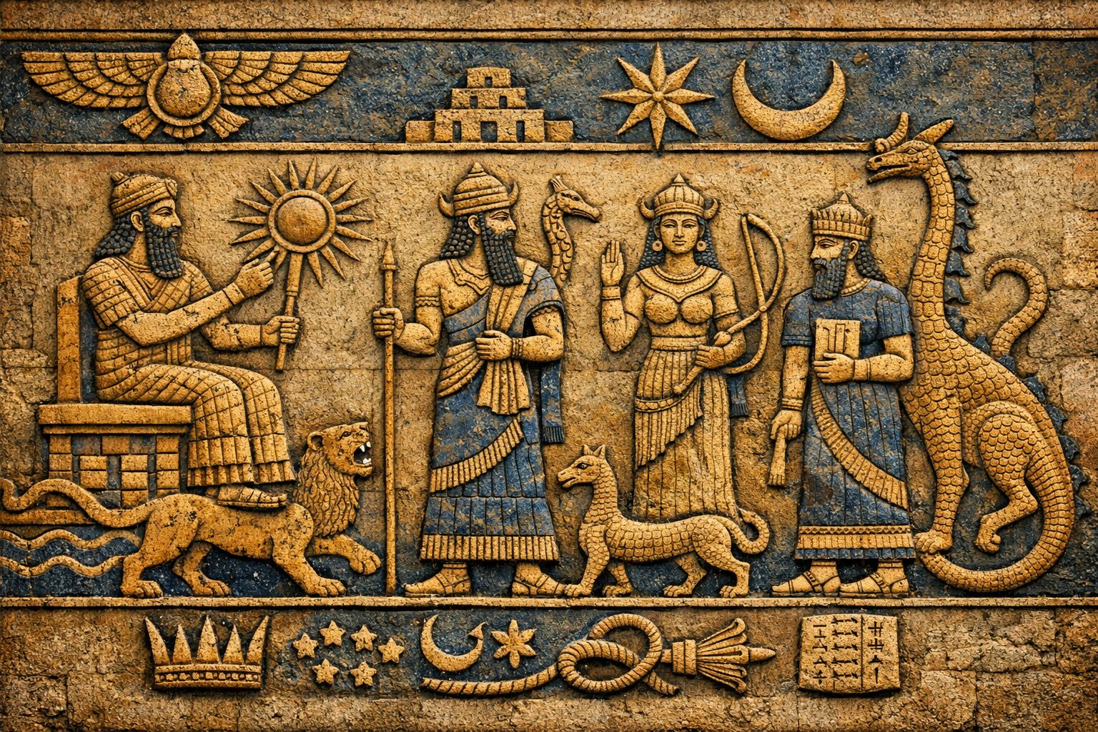 ⚡ The Council of Heaven — Gods of the First Age
Ancient Babylonian deities gathered in divine assembly — sun god, warrior, goddess and scribe — flanked by lion and dragon, beneath star and crescent.
They shaped the heavens before the first human eye ever opened.
Made with ChatGPT.