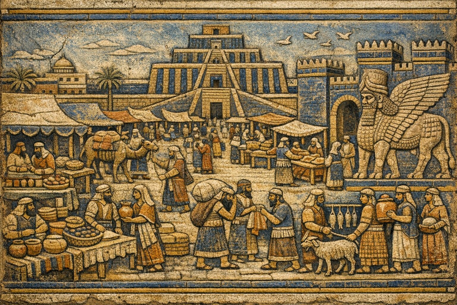 🏛️ The City of Marduk — Where Empires Were Born
A crowded Babylonian market before a great ziggurat, guarded by a Lamassu at the city gate — merchants, camels, and divine presence in one relief.
Even gods once walked these streets, disguised as merchants.
Made with ChatGPT.