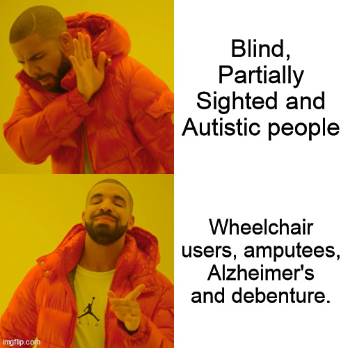 A man pushing away the words Blind, Partially Sighted and autistic people.
In the next panel, the man is accepting wheelchair users, amputees, Alzheimer's and Dementia.