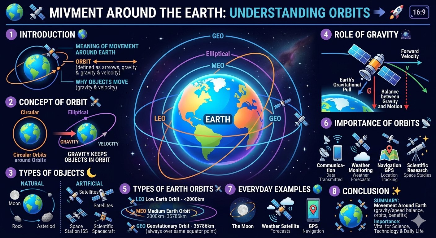 This educational illustration explains orbital mechanics, showing how objects orbit the Earth, defining orbits as a balance between gravity and linear motion. It compares circular and elliptical orbits and classifies celestial objects in orbit as natural (such as the Moon and asteroids) or artificial (such as the ISS and spacecraft). It highlights the role of gravity in keeping satellites in orbit and introduces LEO, MEO, and GEO. The illustration also shows their importance in everyday life, such as GPS, weather forecasting, and global communications.