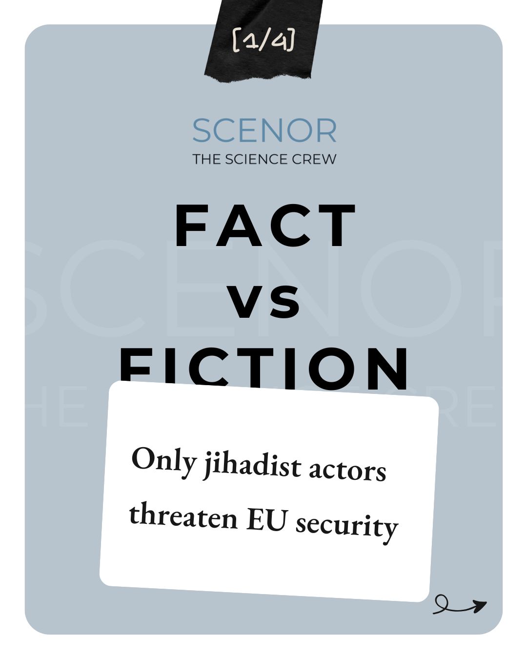 Intro slide of a SCENOR Fact vs Fiction carousel. On a light blue background, the SCENOR logo appears above the title “FACT VS FICTION.” A white text box states: “Only jihadist actors threaten EU security.”