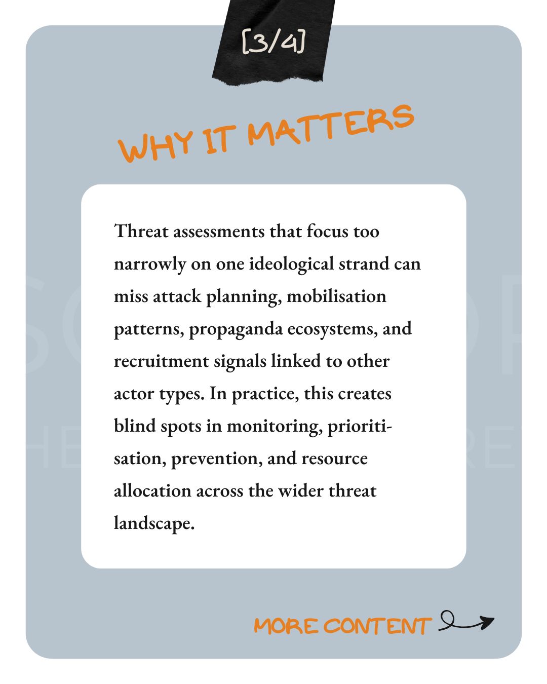 Slide titled “WHY IT MATTERS.” The text explains that threat assessments focused too narrowly on one ideological strand can miss attack planning, mobilisation patterns, propaganda ecosystems, and recruitment signals linked to other actor types, creating blind spots in monitoring, prioritisation, prevention, and resource allocation.