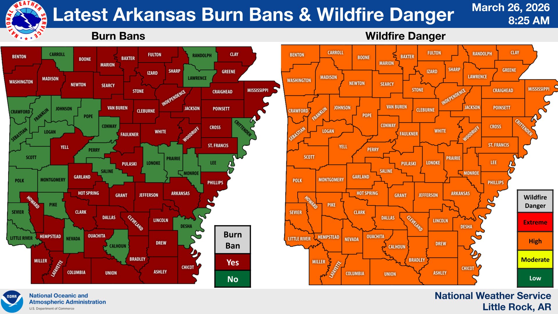 Burn Ban and Wildfire Danger Updated map to reflect changes made on the morning of Thursday March 26, 2026. 
