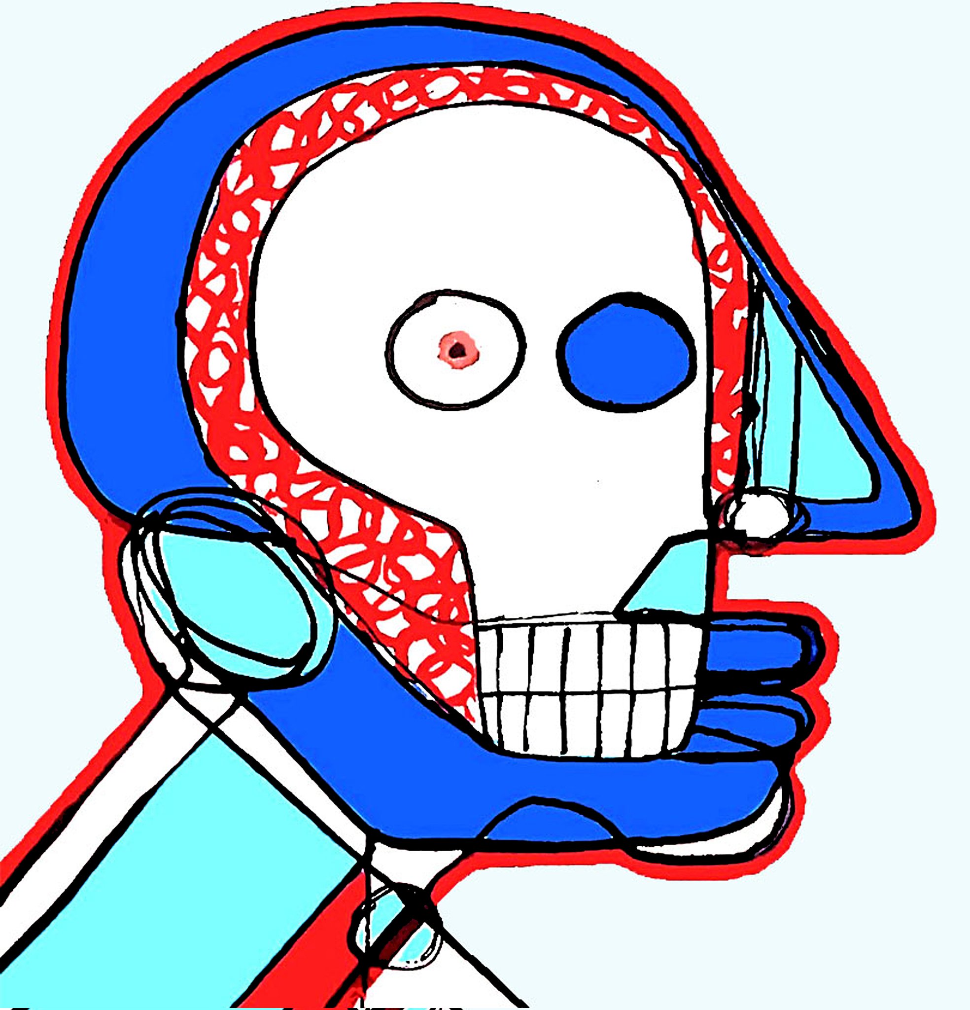 A dynamic digital sketch of the Anubis-like "Fractal Guardian" figure by Roi Pajursky. The image uses bold red, blue, and black line art on a light blue background. It shows geometric forms coalescing into a robotic yet ancient profile, with lips pursed. The white eye has a precise, small concentric circle at its center, with red shading. Below it, the blue shape has concentric circles in a square grid, symbolizing the structure of a "cosmic core." The overall style is modern and raw, emphasizing the concept of "alchemy isn't one-way.