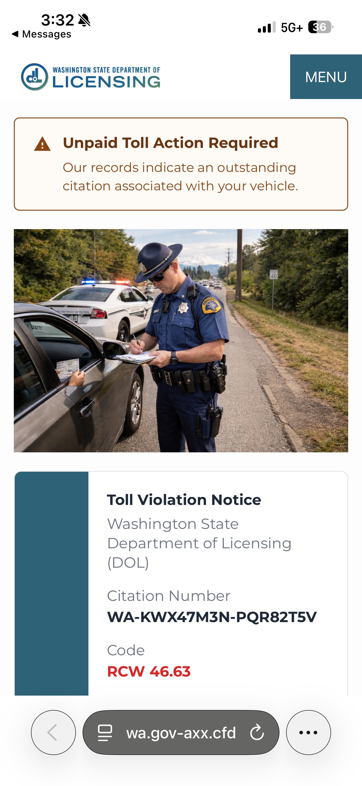 The image shows a traffic stop with a police officer standing beside a car. The website of Washington State Department of Licensing is visible, showing a message about an unpaid toll violation notice requiring action, and a reference code.