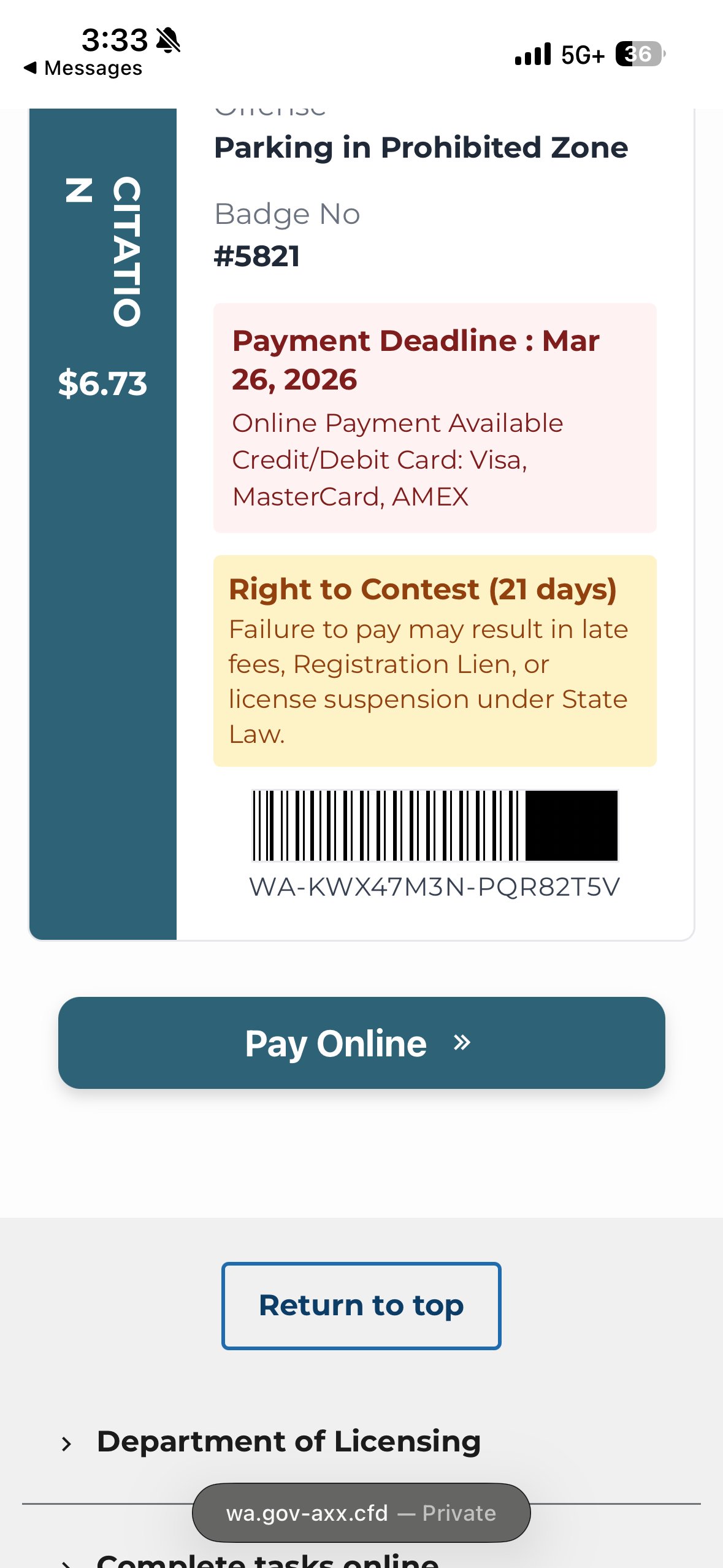 An image of a parking citation. It states a payment deadline. It mentions online payment options. There's a warning about contesting within 21 days. Beneath, there are buttons labeled "Pay Online" and "Return to top."