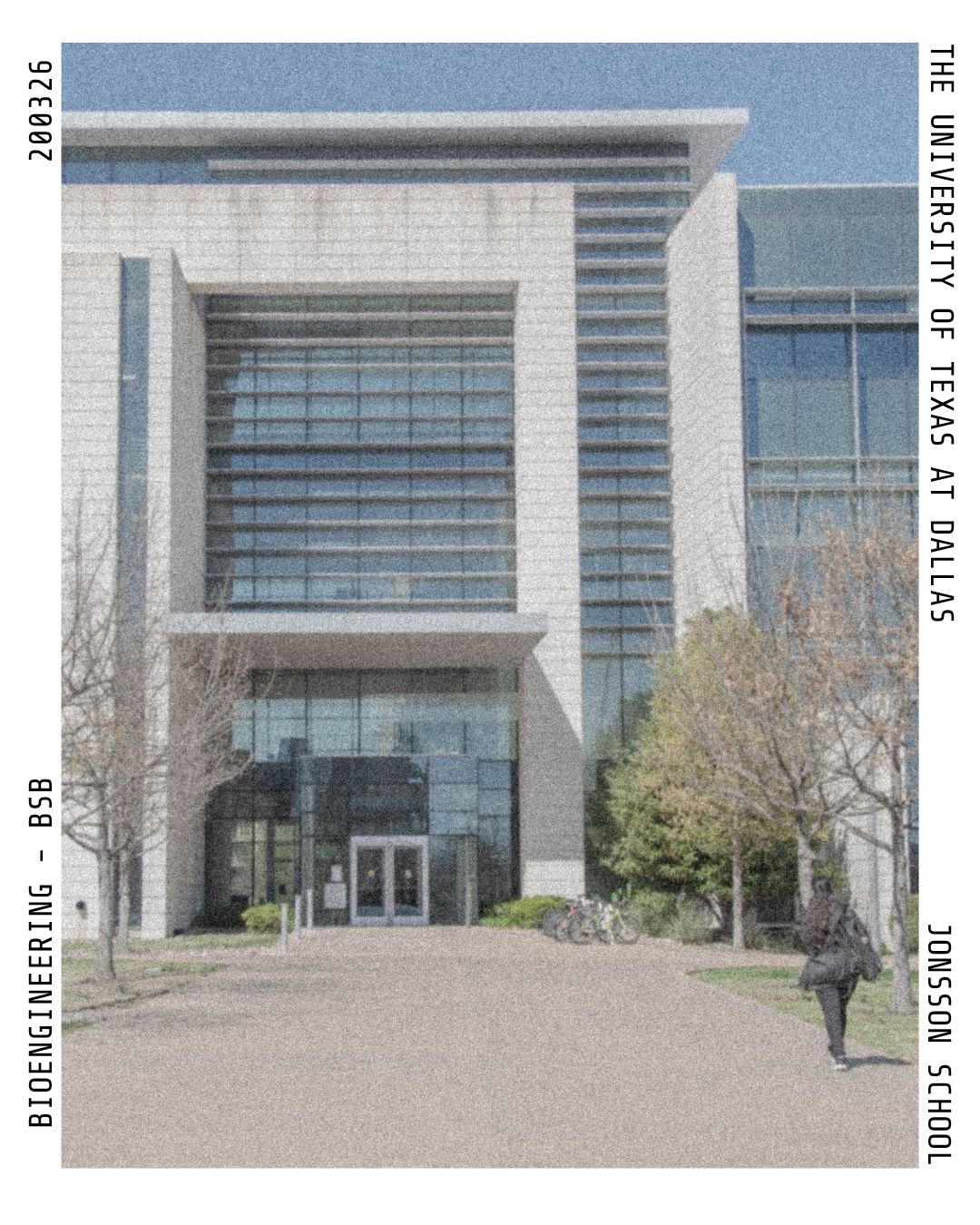 Grainy polaroid photo of the front of the bioengineeing building with a person walking towards the building on the right
