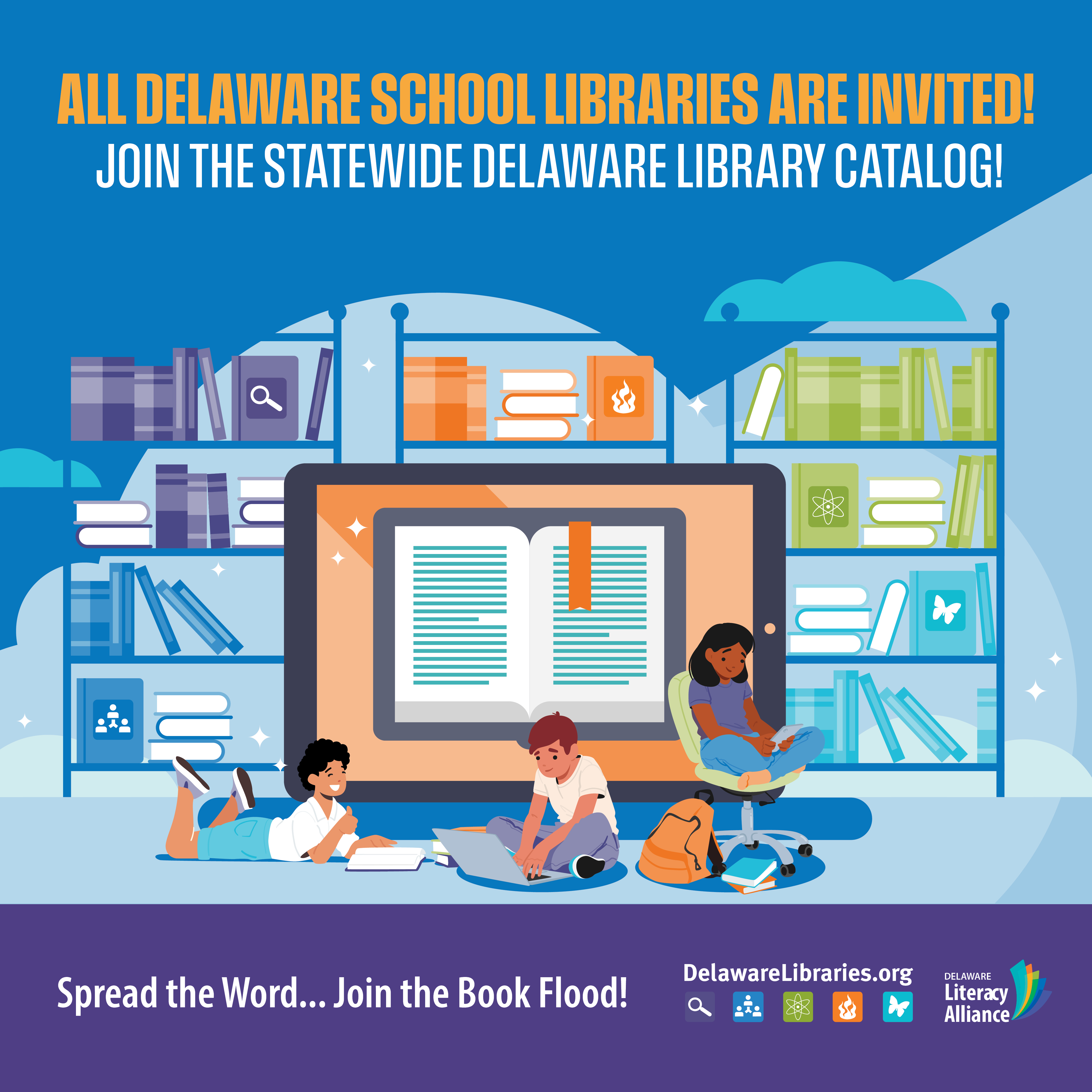 Three children reading and using a laptop in front of a giant digital book display with bookshelves behind them, promoting Delaware school libraries joining a statewide catalog.