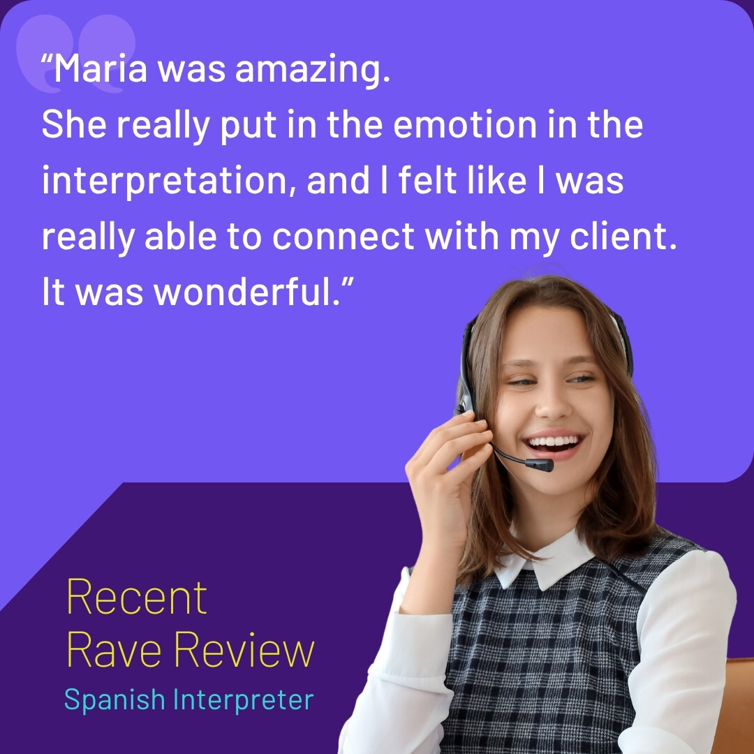 Spanish interpreter smiling with a testimonial about her great work