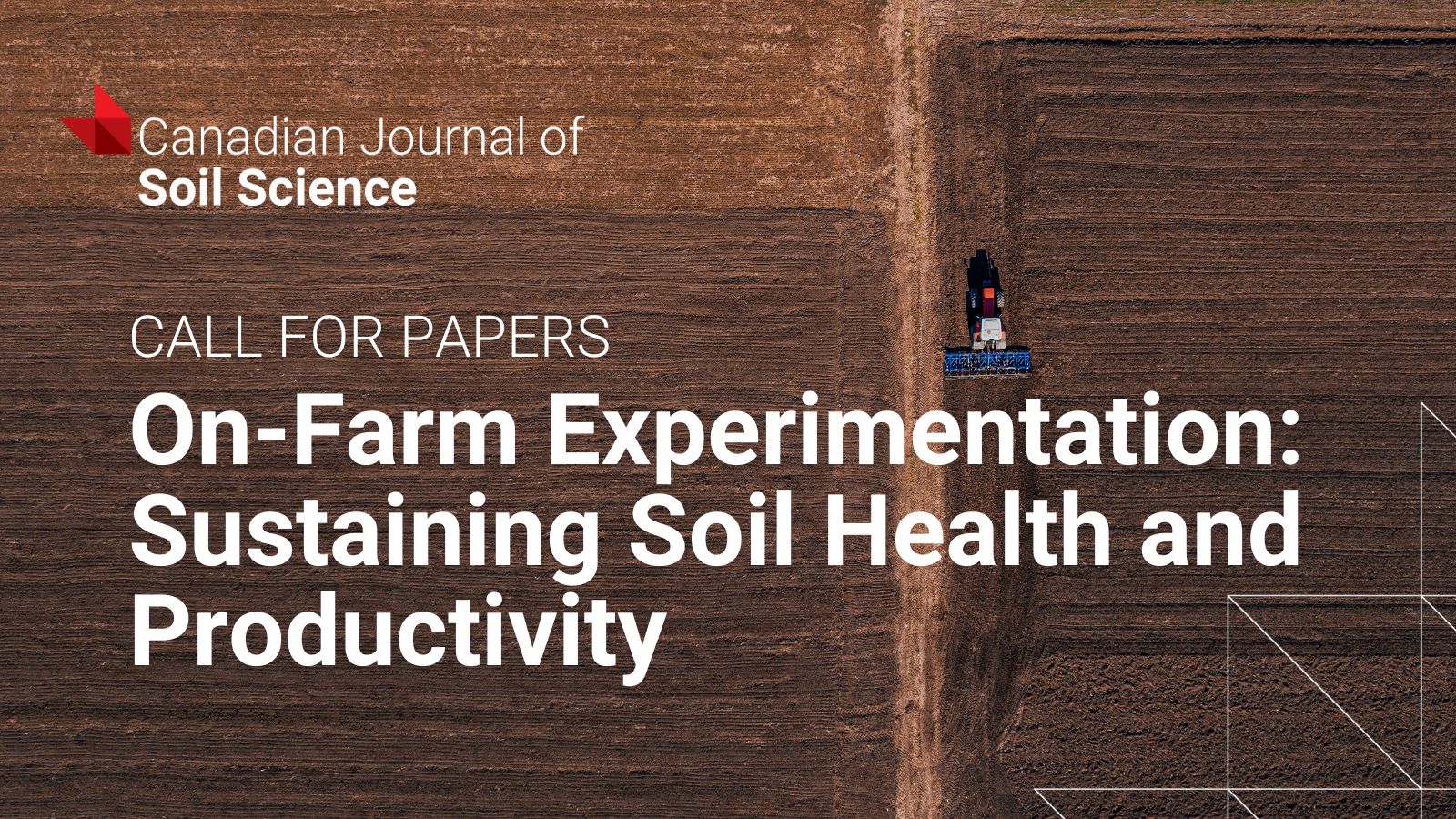 Aerial view of a tractor tilling dark brown soil in a large farm field, promoting sustainable soil health and productivity research.