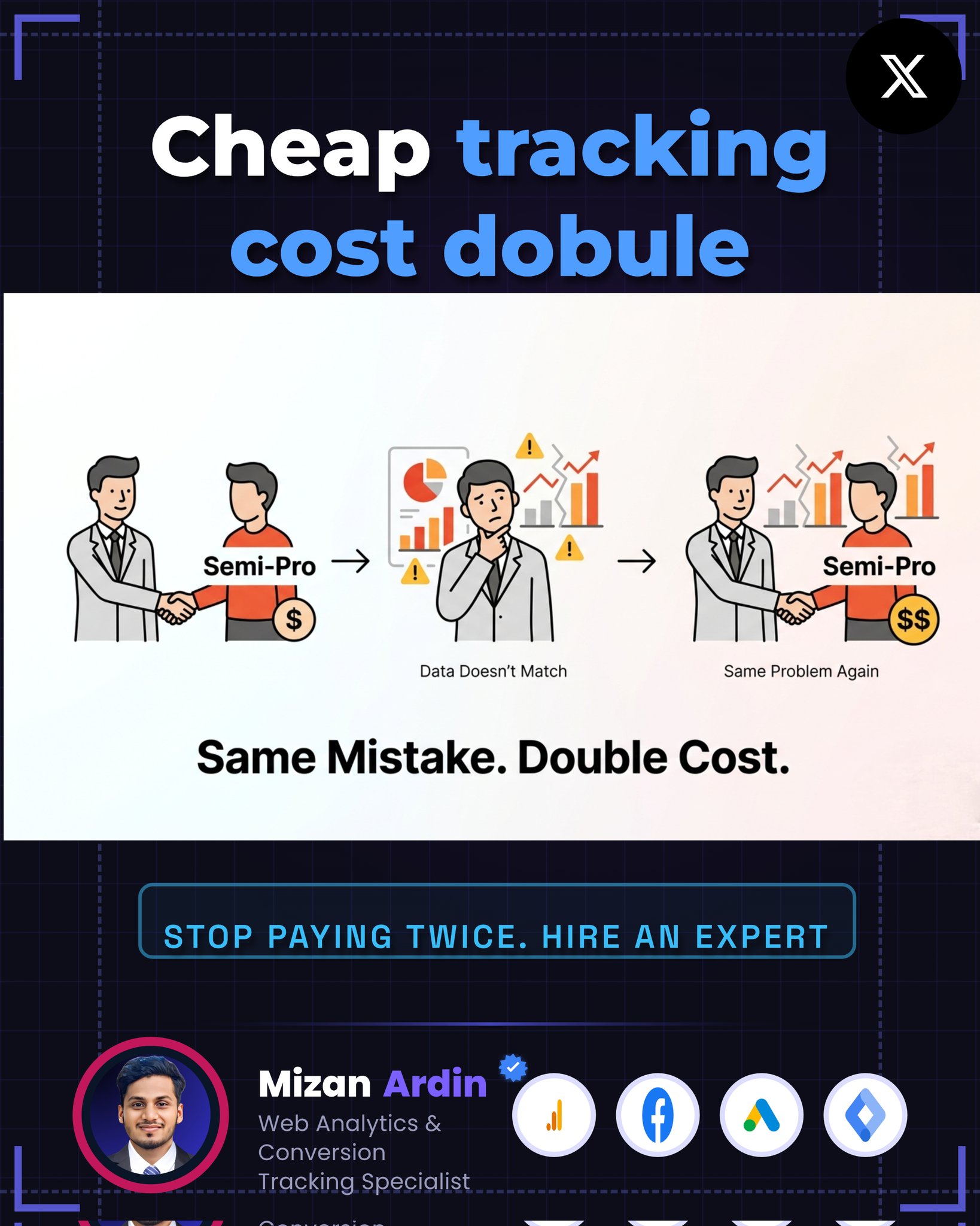 Tracking problems don’t start with tools.

They start with wrong setups.
What I see often:
→ Hire semi-pro for cheap
→ Setup looks fine (events firing)
→ But GA4, Meta, Google Ads don’t match
Then:
→ Try to fix on low budget again
→ Hire another semi-pro
→ Same issues, more cost
Now you’ve paid twice…
and still don’t trust your data.
Real issues I see:
Broken deduplication
Wrong purchase values
Server-side mismatch
Mixed B2B & B2C data
Clean tracking = accurate decisions.
If your data isn’t matching, something is already broken.

DM me if you need help fixing your tracking.

🌐 ardinanalytics.lovable.app
📧 mizanardin@gmail.com
📞 +880188345745

#GA4 #GTM #TrackingFix #MetaAds #Shopify #MizanArdin #ArdinAnalytics