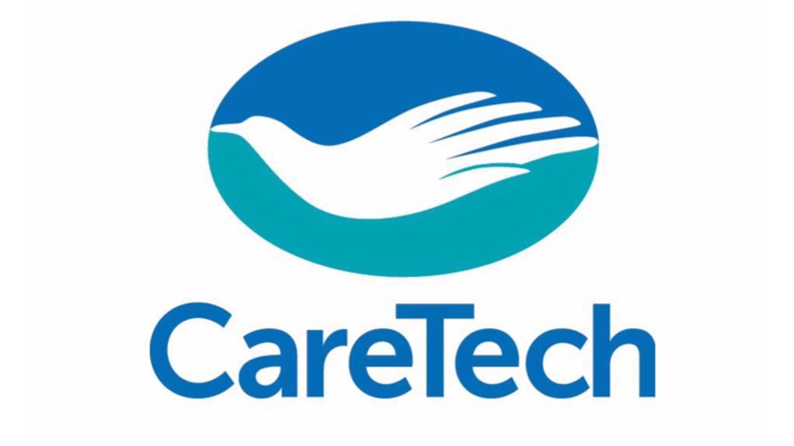 Blue and teal oval logo featuring a white hand shaped like a bird above the word CareTech in blue text.