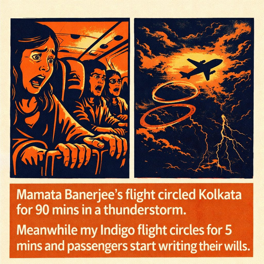 Mamata Banerjee's flight circled Kolkata for 90 mins in a thunderstorm. Meanwhile my Indigo flight circles for 5 mins and passengers start writing their wills. #Priorities #KolkataWeather #MamataBanerjee #Aviation #Thunderstorm #Indigo