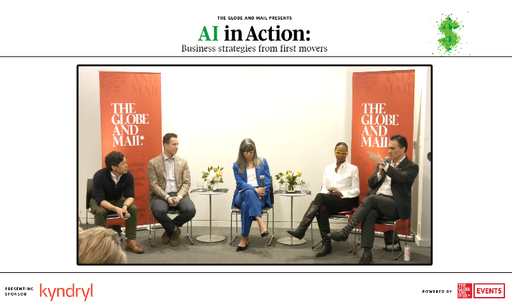 Image from Globe Events webinar sponsored by kyndryl held on March 26, 2026: AI in Action: Business strategies from first movers. Seen from left: Dan Park, CEO, Clutch; Brian Medeiros, President, Kyndryl Canada; Sandra E. Martin, Standards Editor, The Globe and Mail (moderator); Karima-Catherine Goundiam, Founder & CEO, B2BeeMatch and CEO, Red Digital Consulting, and Armando Benitez, Chief Data & Analytics Officer, Head of AI, BMO Capital Markets.