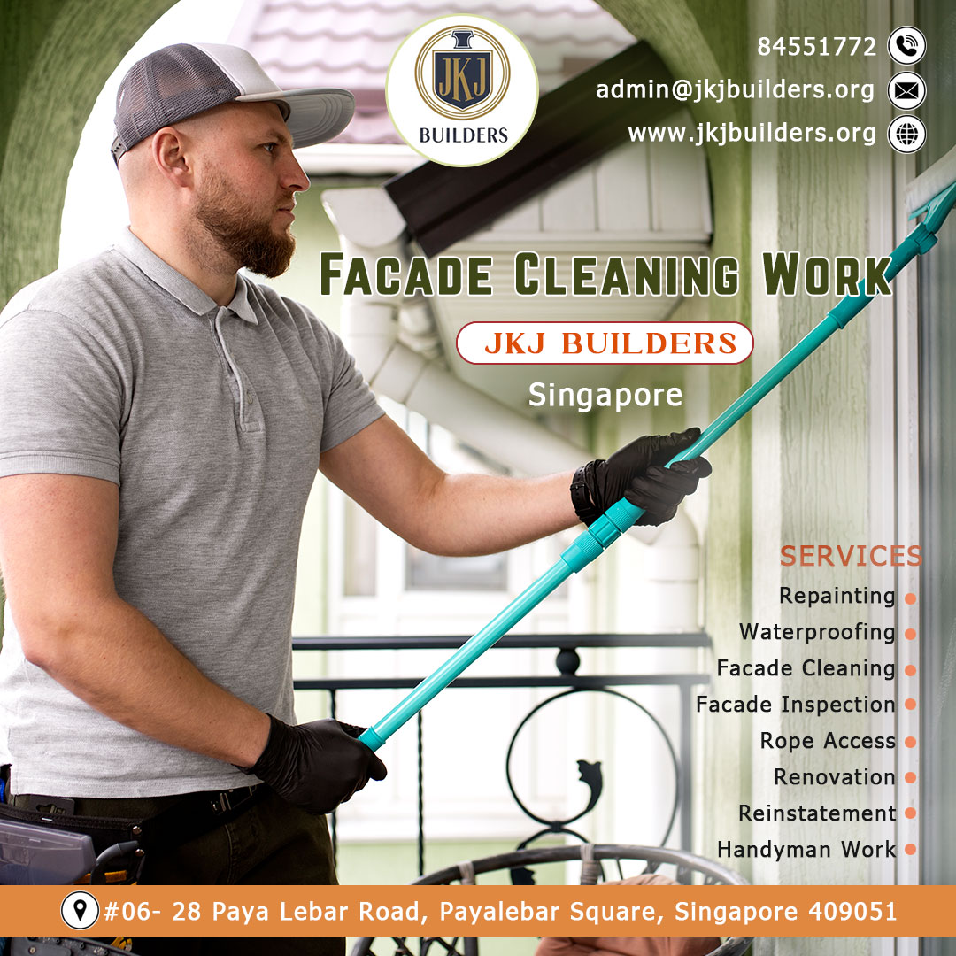 Give your building a fresh, spotless look with professional facade cleaning services by JKJ Builders – Singapore’s trusted name in exterior maintenance! ✨

We specialize in cleaning all types of building exteriors, removing dirt, stains, algae, and pollutants to restore your property’s original shine. Whether it’s a commercial building, residential complex, or high-rise structure, our skilled team ensures safe and efficient cleaning using advanced techniques like rope access and eco-friendly solutions.

🔹 High-rise facade cleaning
🔹 Glass & exterior wall cleaning
🔹 Rope access specialists
🔹 Safe & affordable services
🔹 Experienced and reliable team

