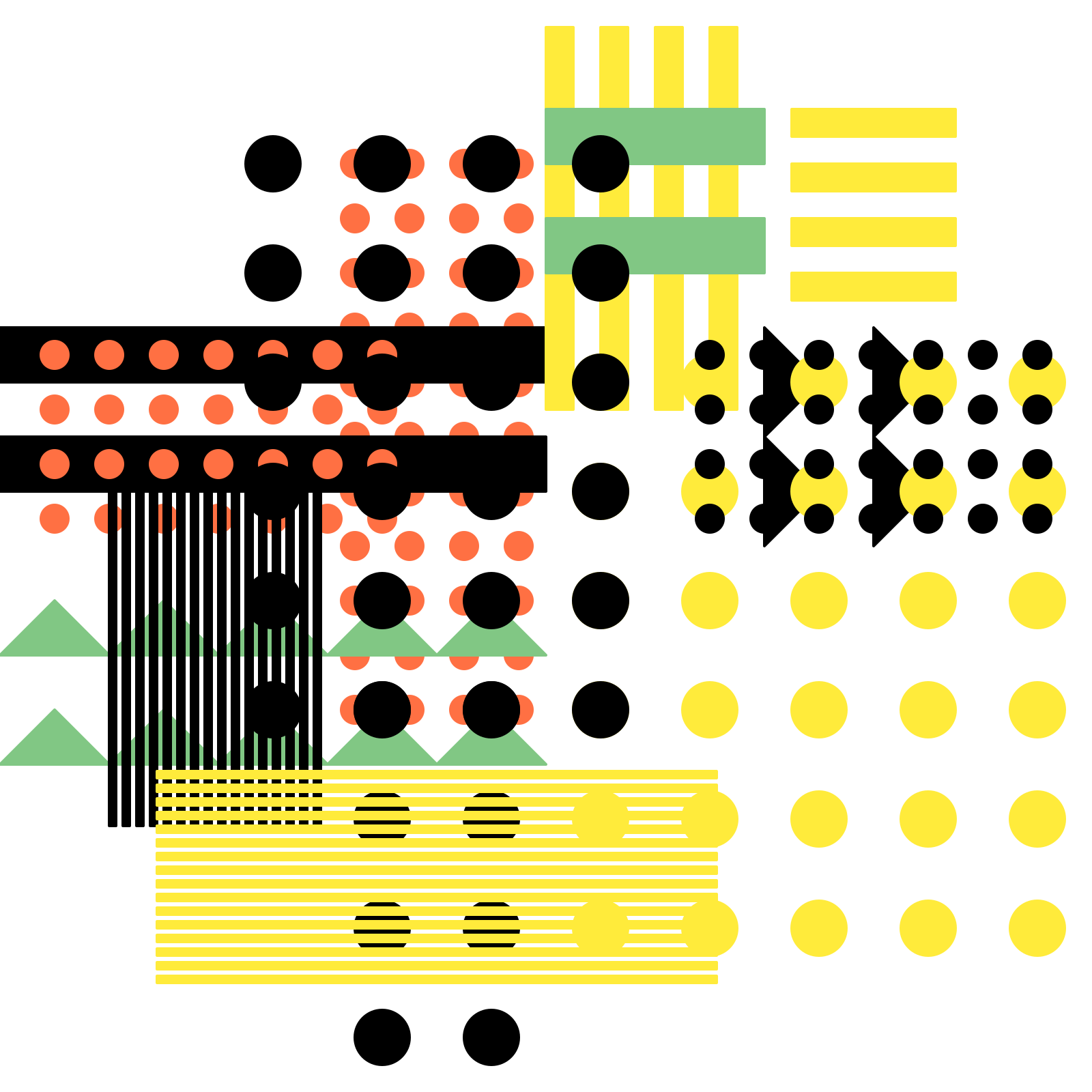 A geometric pattern artwork featuring a grid of black and orange polka dots, yellow and green horizontal stripes, and clusters of black, yellow, and orange circles. The design includes bold vertical bars, triangular shapes, and repeating dot motifs, creating a visually dynamic and structured composition on a white background.