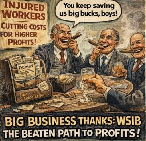 Alt Text
Vintage political cartoon: Three wealthy businessmen smoke cigars and drink whiskey, laughing with speech bubble "You keep saving us big bucks, boys!" A stamp rack labeled "Denial" sits on the table. Banner reads "BIG BUSINESS THANKS: WSIB THE BEATEN PATH TO PROFITS!" with text "INJURED WORKERS CUTTING COSTS FOR HIGHER PROFITS!" Bottom section: "SAVE $$$$ ON: WORKPLACE SAFETY! EMPLOYEE PROTECTION!" Sepia-toned editorial cartoon style criticizing workers' comp systems prioritizing corporate profits over worker protection.