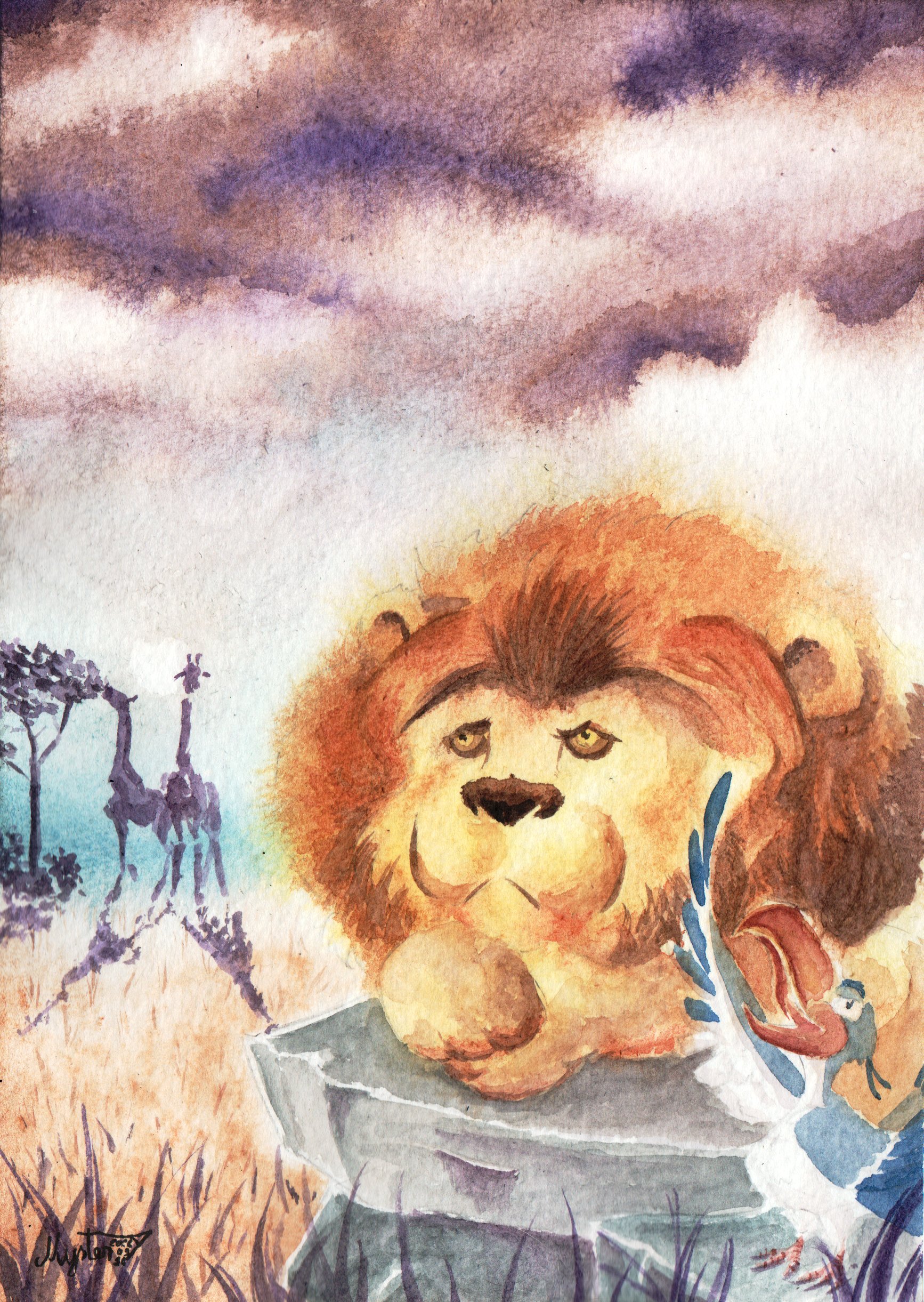 Aquarelle A5 portrait par Myster Ty

Fanart du roi lion : Zazu ce montre très ennuyeux alors que zimba, couché sur un rocher, fait semblant de l'écouter.

Au fond, dans le crépuscule, 2 girafes broutent un eucalyptus au milieu de la savane