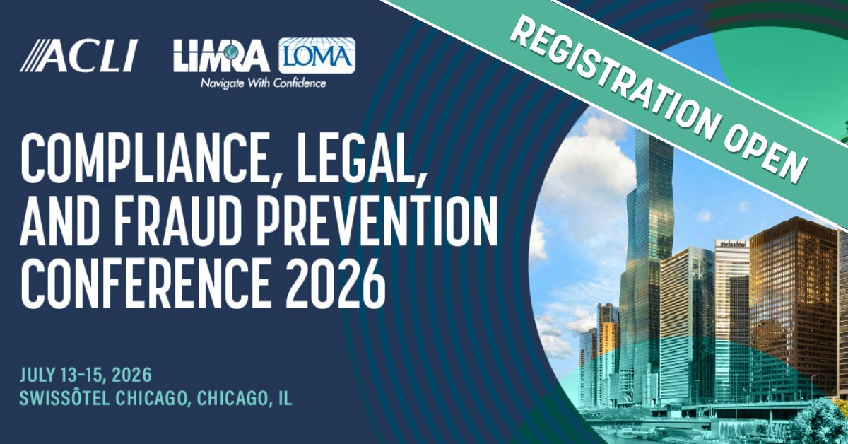 A promotional banner for the "Compliance, Legal, and Fraud Prevention Conference 2026" featuring the logos of ACLI, LIMRA, and LOMA. The event is scheduled for July 13-15, 2026, at the Swissôtel Chicago, Chicago, IL. A section on the right shows a city skyline with the text "Registration Open.