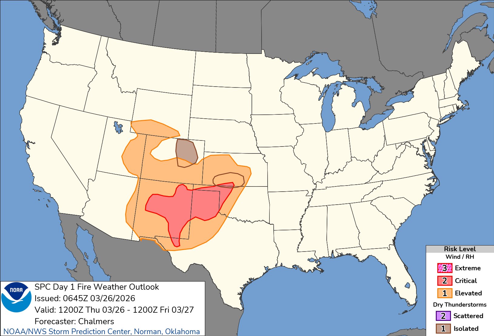 Map of the central US showing fire weather risk levels with extreme risk centered over parts of Oklahoma and Texas on March 26, 2026.