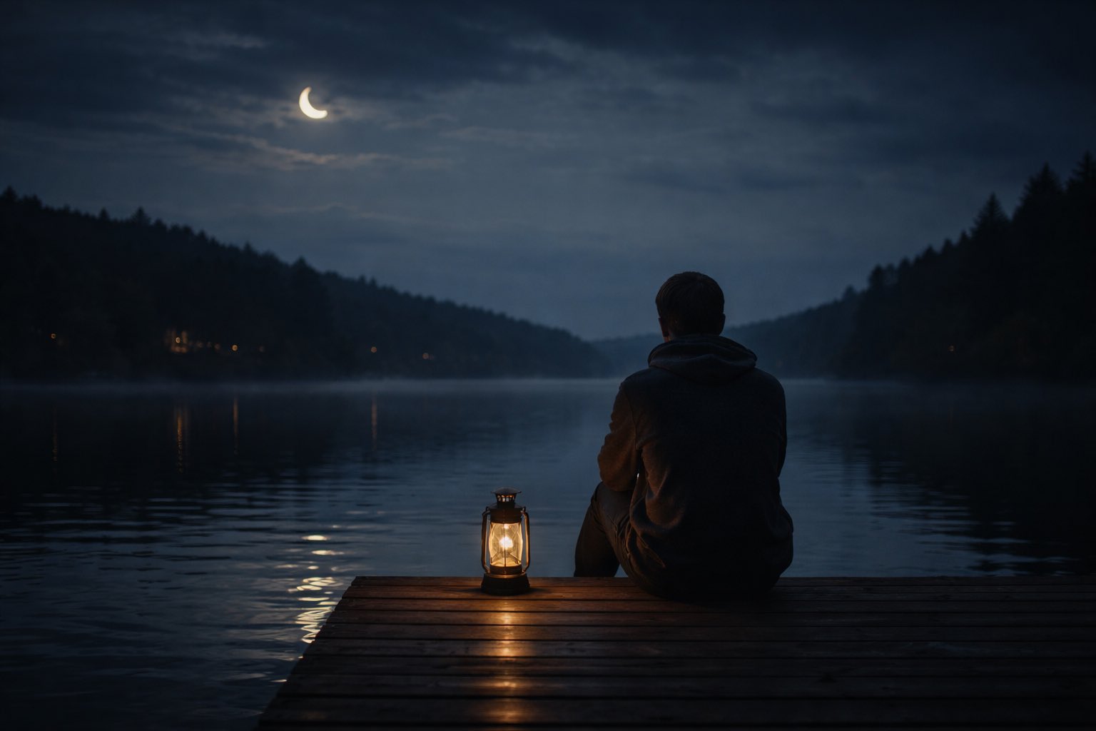 Person sitzt nachts an einem stillen See, unter einer Mondsichel, Blick über das ruhige Wasser