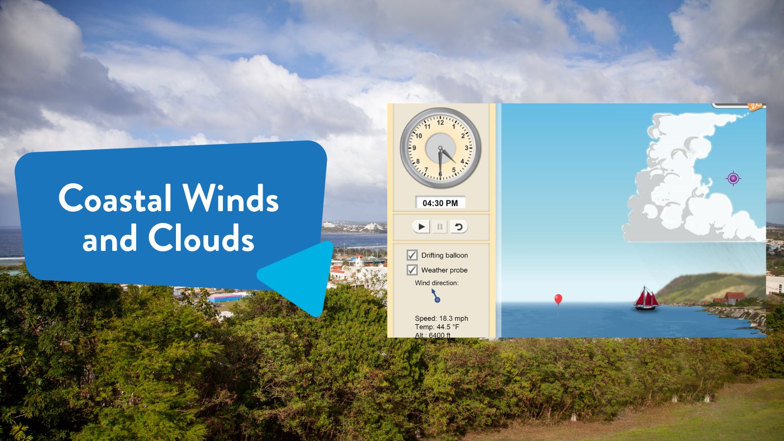 A weather simulation webpage is displayed against a scenic coastal background. The webpage shows a virtual dial with readings, cloud formations, and a red sailboat on the water. Text in a blue speech bubble reads, "Coastal Winds and Clouds.