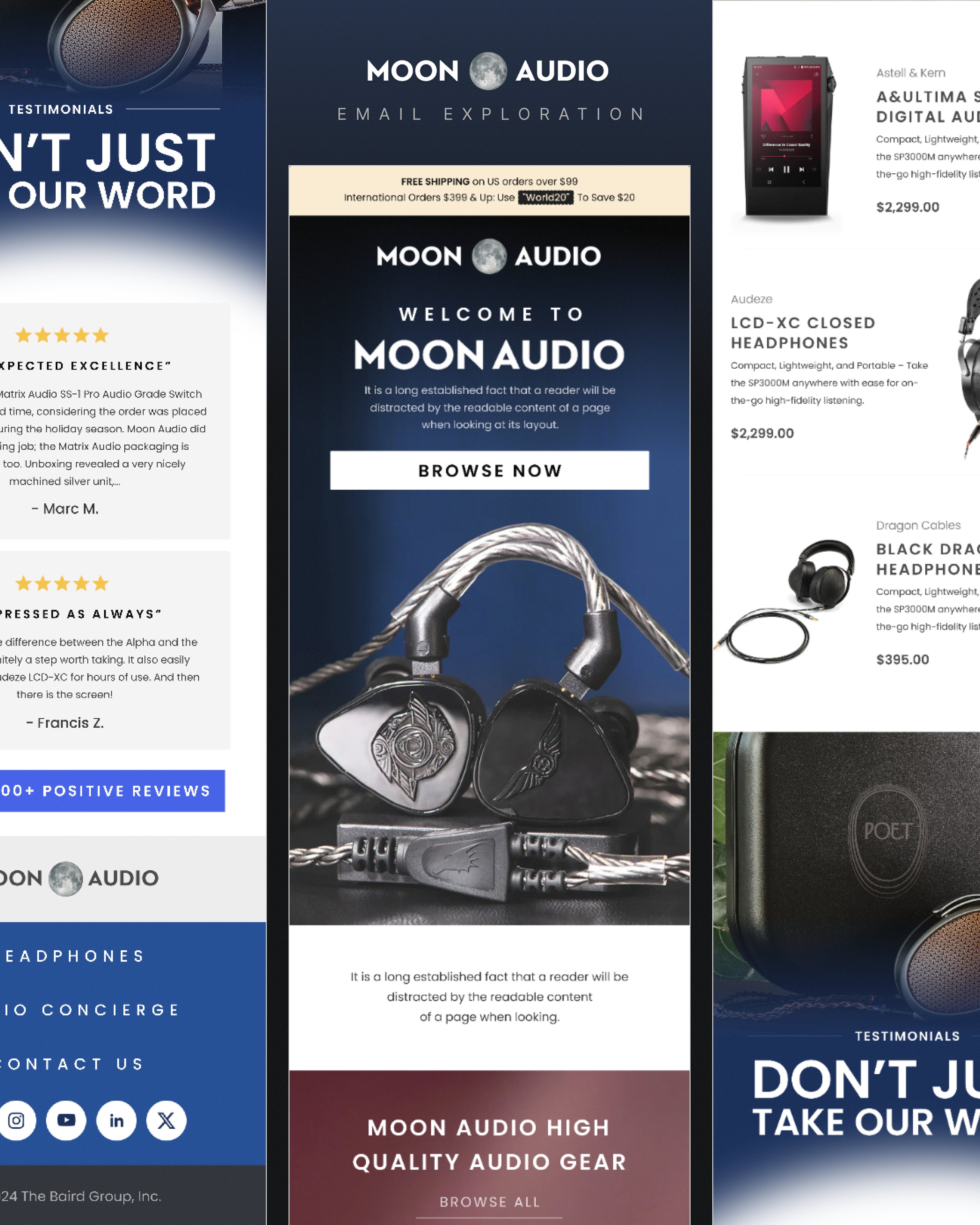 Moon Audio email marketing exploration displayed across three mobile screen mockups, showcasing a testimonials section with 5-star customer reviews, a welcome email with a hero product shot of high-end in-ear monitors with silver cables, and a product listing page featuring items like the Astell & Kern A&Ultima DAP, Audeze LCD-XC headphones, and Dragon Cables Black Dragon, all set in a dark navy and burgundy brand palette. by creativecue