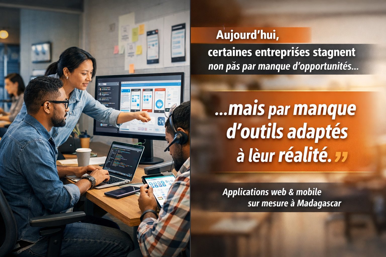 Développement d’applications web et mobile sur mesure à Madagascar avec équipes travaillant sur des outils numériques professionnels