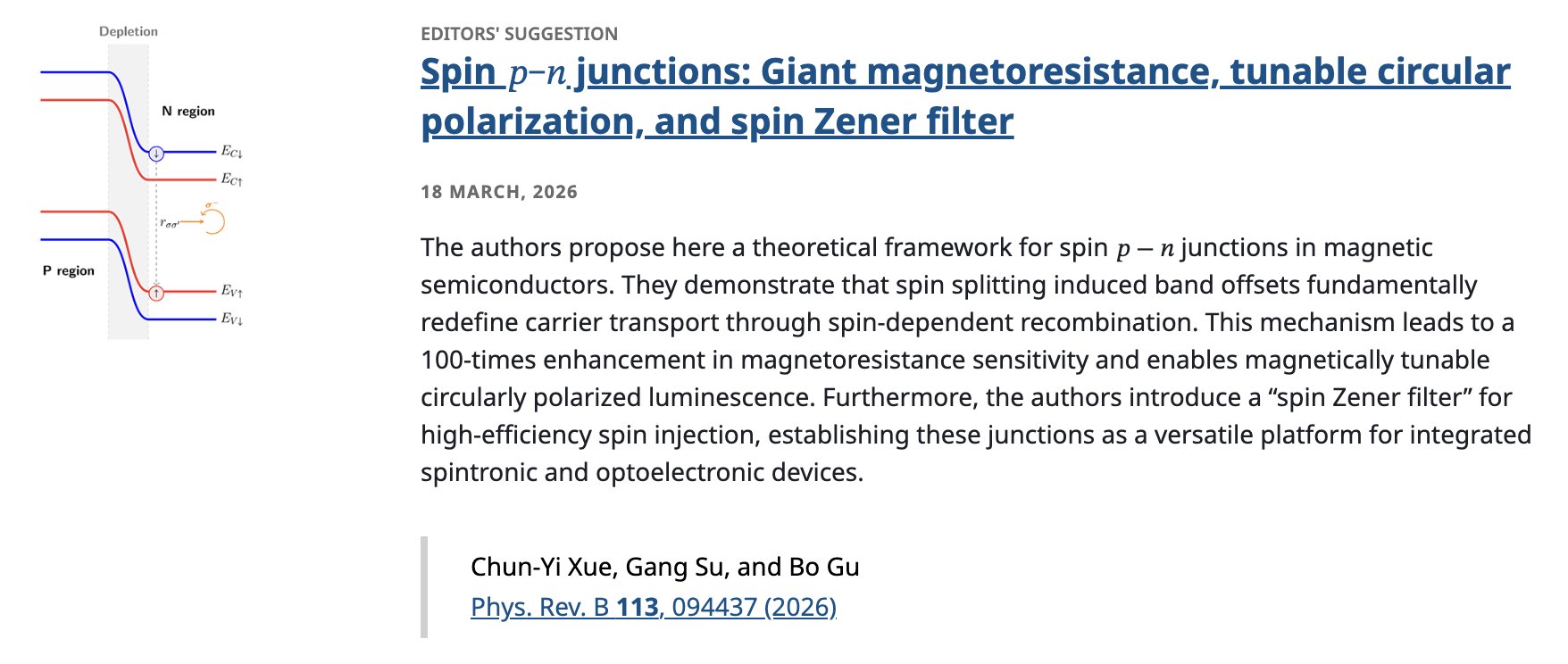 
EDITORS' SUGGESTION
Spin 𝑝−𝑛 junctions: Giant magnetoresistance, tunable circular polarization, and spin Zener filter
18 March, 2026
The authors propose here a theoretical framework for spin 𝑝−𝑛 junctions in magnetic semiconductors. They demonstrate that spin splitting induced band offsets fundamentally redefine carrier transport through spin-dependent recombination. This mechanism leads to a 100-times enhancement in magnetoresistance sensitivity and enables magnetically tunable circularly polarized luminescence. Furthermore, the authors introduce a “spin Zener filter” for high-efficiency spin injection, establishing these junctions as a versatile platform for integrated spintronic and optoelectronic devices.

Chun-Yi Xue, Gang Su, and Bo Gu
Phys. Rev. B 113, 094437 (2026)