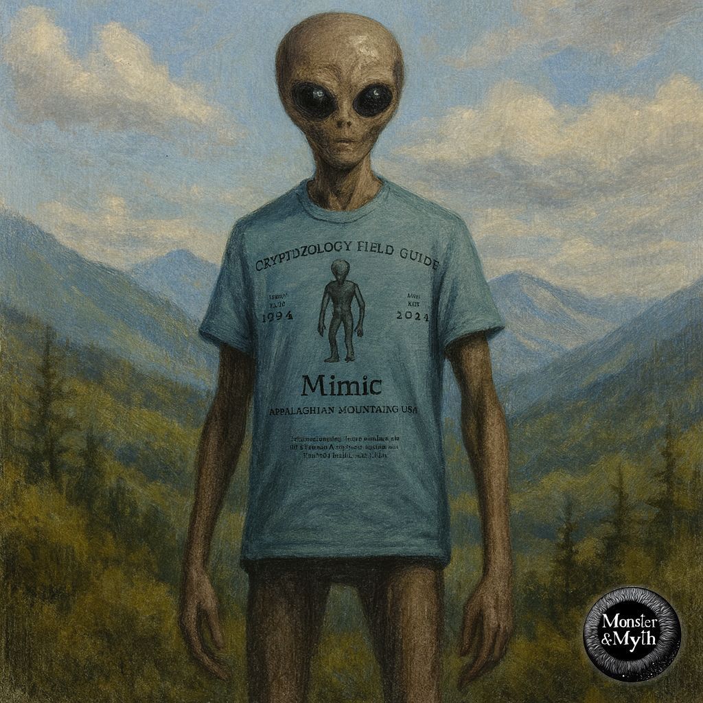 A tall, alien-like being stands motionless in a misty Appalachian mountain valley. Its large black eyes reflect the pale daylight as it wears a light blue “Cryptozoology Field Guide: Mimic” T-shirt from Monster & Myth. The peaceful landscape contrasts sharply with its eerie stillness.