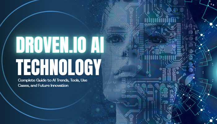Cover image for Droven.io AI Technology, showcasing a complete guide to AI trends, tools, use cases, and future innovations with a digital face and circuit design background.