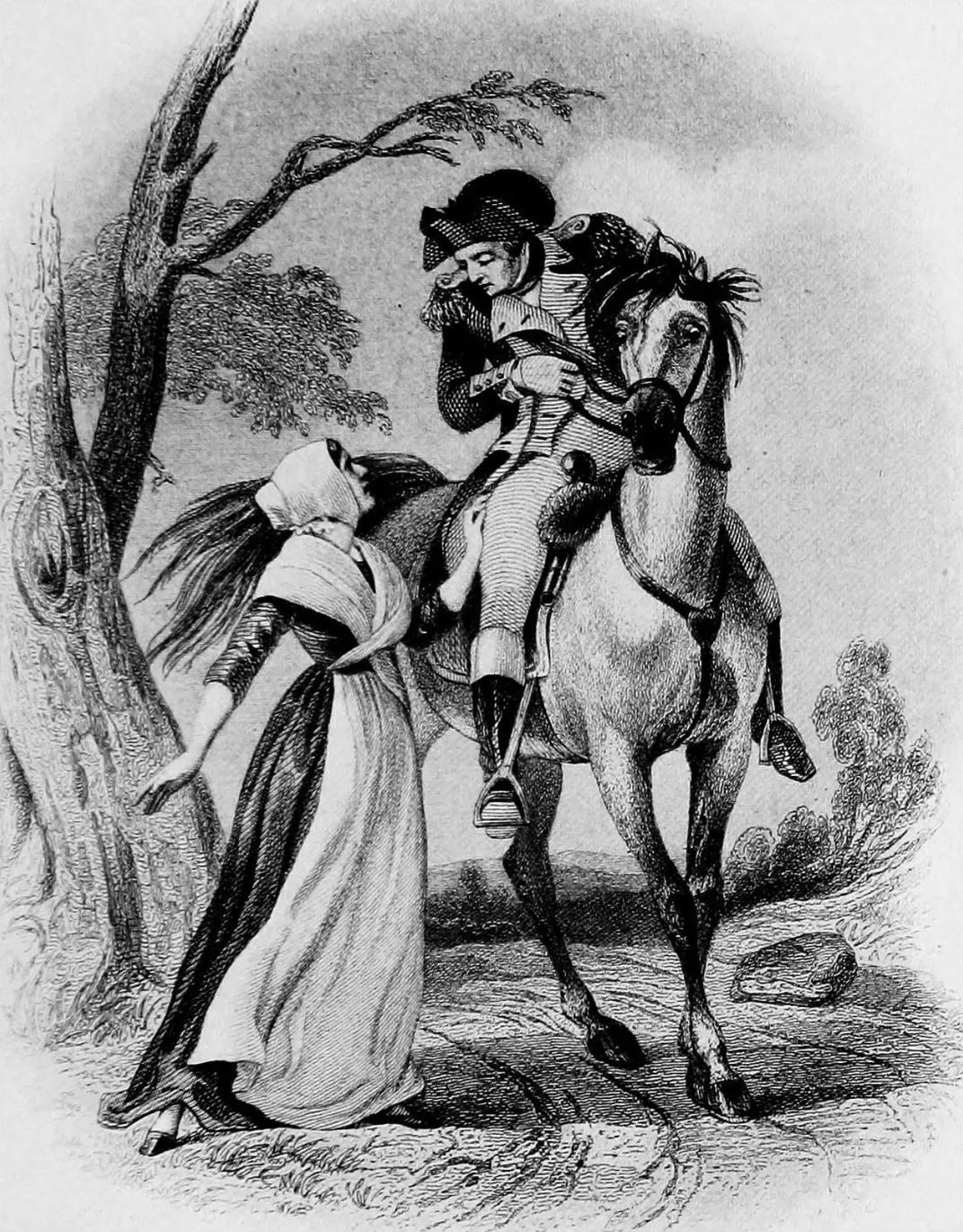 An 1845 illustration of Darragh passing along a warning to American officer Charles Craig Godey's Lady's Book via Internet Archive