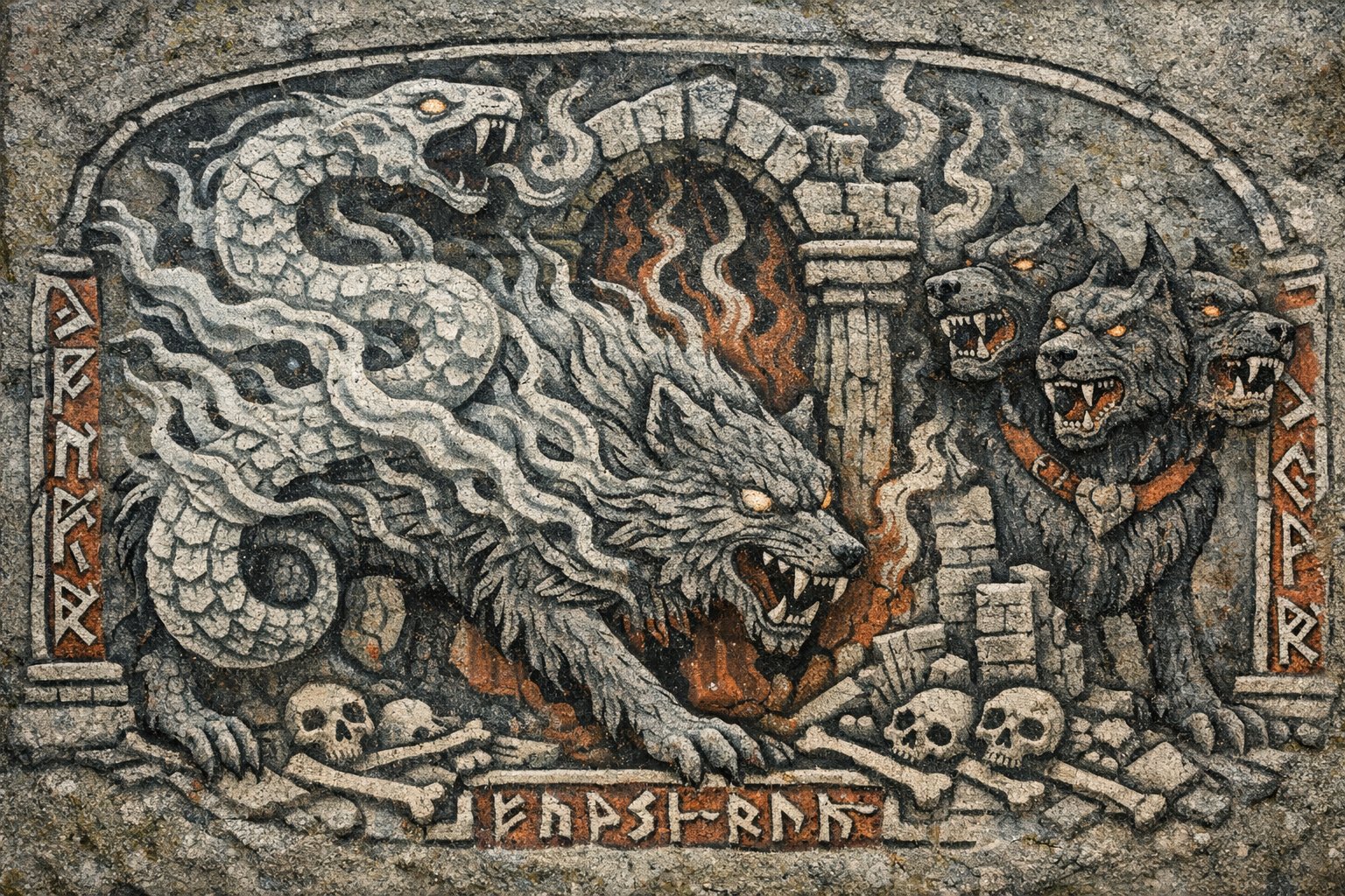 🐺 Fenrir — The Unbound
Three ancient terrors rise from fire and bone — Jörmungandr, Fenrir, and the three-headed beast, carved in darkness.
When the chains break, even the gods will fall silent.
Made with ChatGPT.