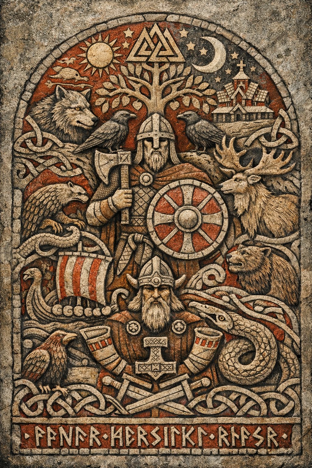🌳 Yggdrasil — The World Tree
A Viking warrior stands between sun and moon, flanked by ravens, wolf, and serpent — all carved in ancient stone.
At the roots of all things, the gods have always been watching.
Made with ChatGPT.